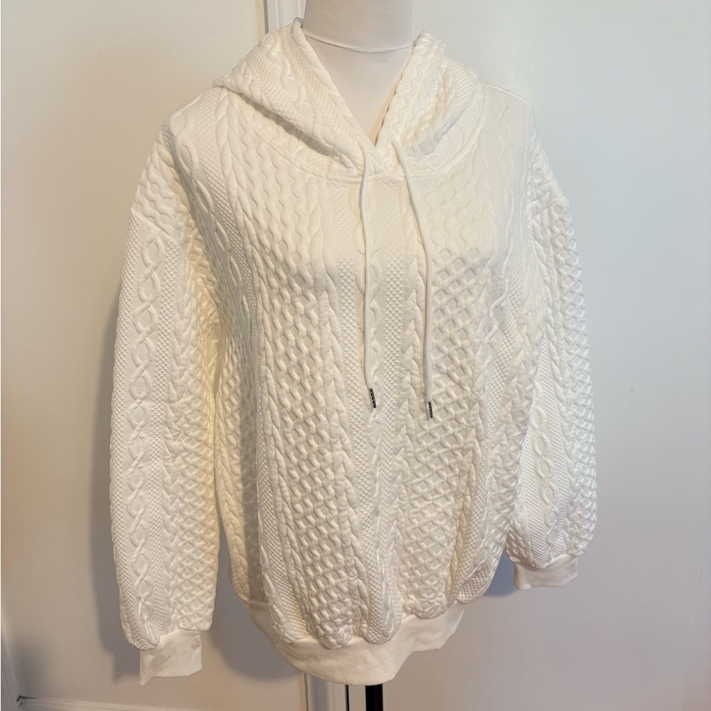 Cozy Cable-Knit Hoodie Sweatshirt in White- Women's Pullover